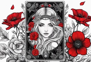 pisces tarot card with black and red flowers tattoo idea