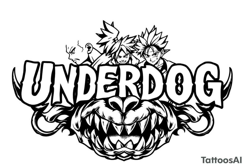 the word underdog with dog teeth connected to the bottom in a with 3 anime characters Ippo and Naruto and son Goku tattoo idea