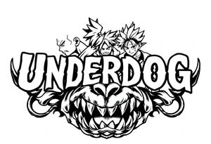 the word underdog with dog teeth connected to the bottom in a with 3 anime characters Ippo and Naruto and son Goku tattoo idea