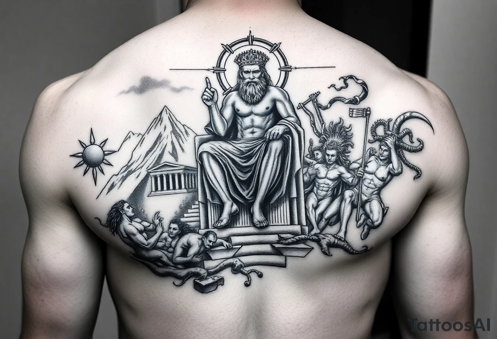 Realism Full chest peice including the Greek gods with zues on his throne looking down from the mountain casting judgement on the people add lighting and Mount Olympus and a temple and a battle scene make zues muscular add hades Medusa and minator tattoo idea