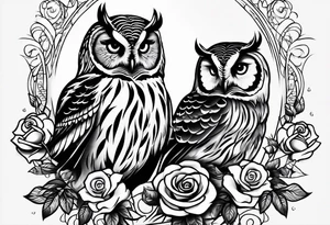 Barred owl and a rose with writing “but the greatest of these is love” tattoo idea