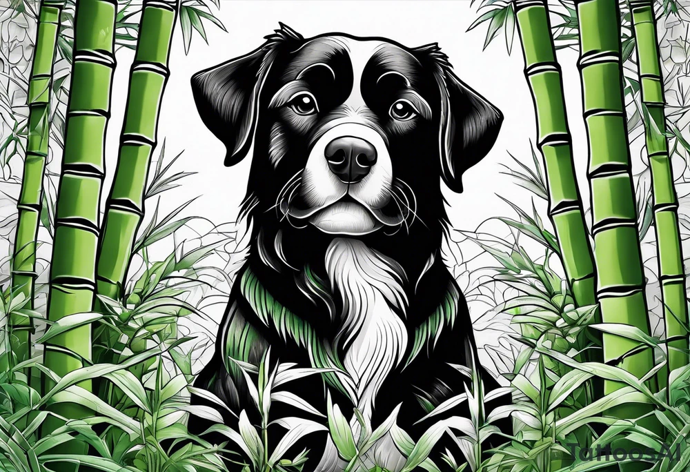Irezumi style black and white dog in bamboo grove in front of green scale background tattoo idea