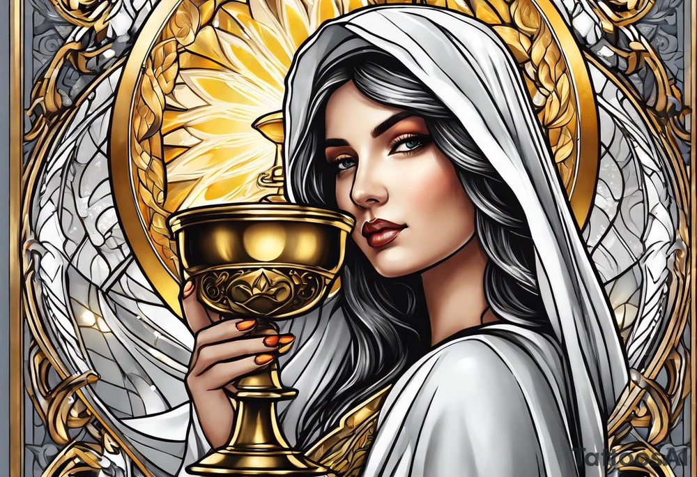 woman saint holding chalice surrounded by golden halo sideways tattoo idea