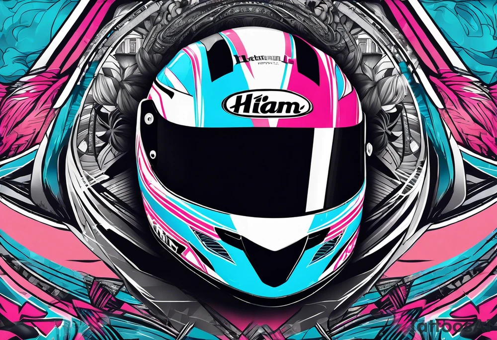 formula 1 helment with miami name a palm three and black light blue and pink colors tattoo idea