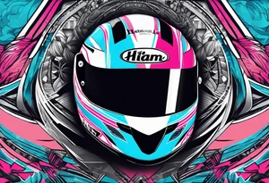 formula 1 helment with miami name a palm three and black light blue and pink colors tattoo idea