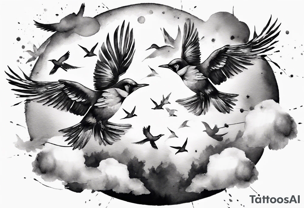 shoulder tattoo with light rays with birds flying free among the clouds, round shape, 3d effect tattoo idea