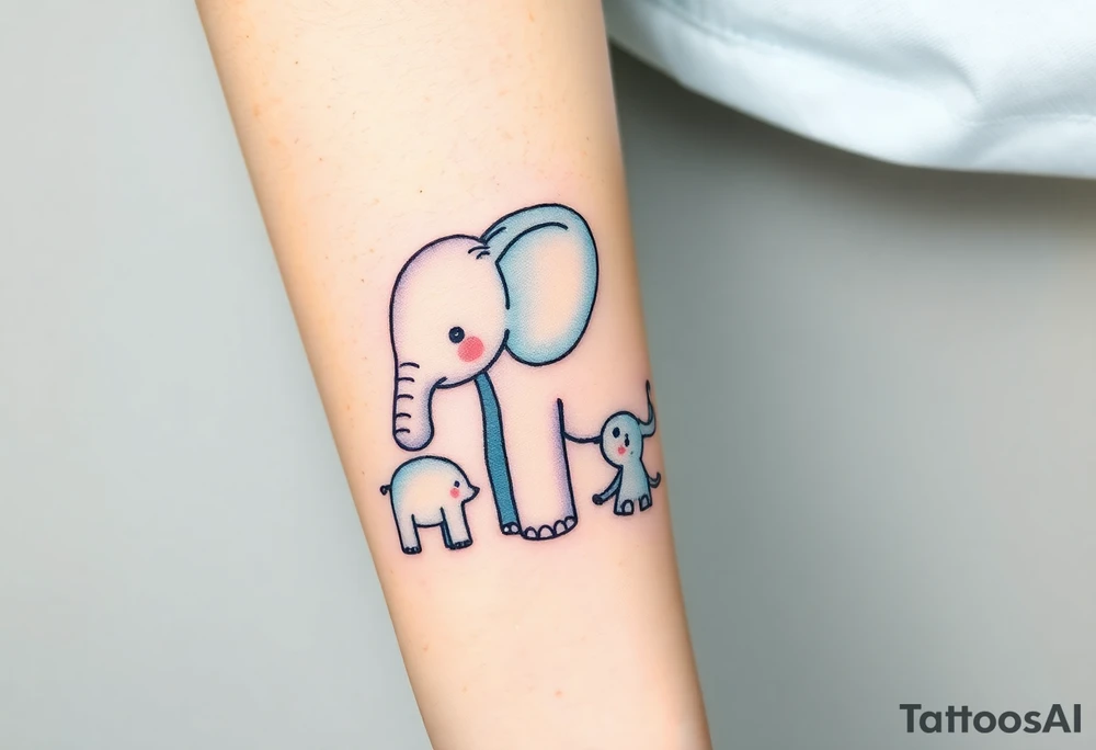 A mother elephant  with her baby holding her tail, with soft blues and purples representing wisdom and protection. tattoo idea