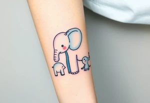 A mother elephant  with her baby holding her tail, with soft blues and purples representing wisdom and protection. tattoo idea
