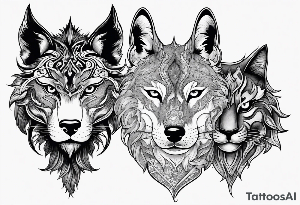 three animal heads merged: 

1. A chinese dragons head (on the left)
2. A Feline cats head(in the middle)
3. A Wolves Head (on the right) tattoo idea
