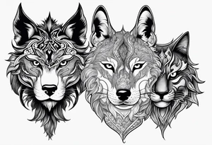 three animal heads merged: 

1. A chinese dragons head (on the left)
2. A Feline cats head(in the middle)
3. A Wolves Head (on the right) tattoo idea