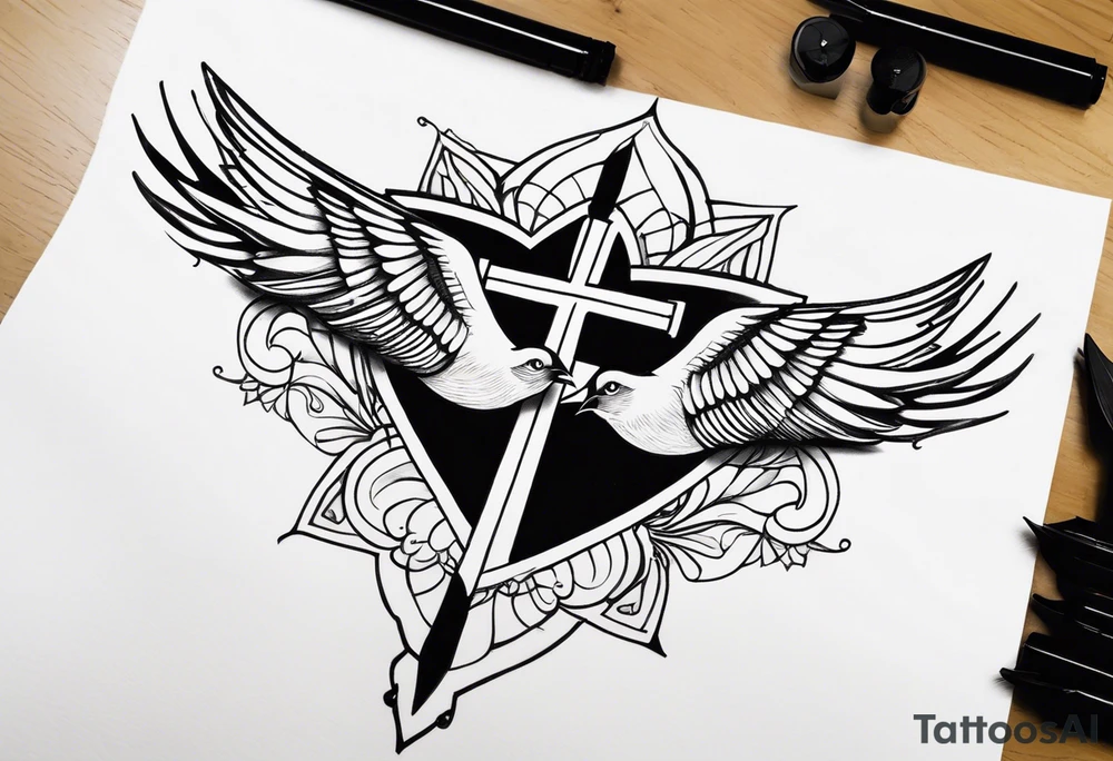 Two birds on forearm flying towards each other one below the other and up towards with a cross in between them tattoo idea