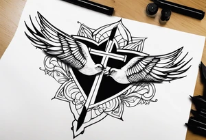 Two birds on forearm flying towards each other one below the other and up towards with a cross in between them tattoo idea
