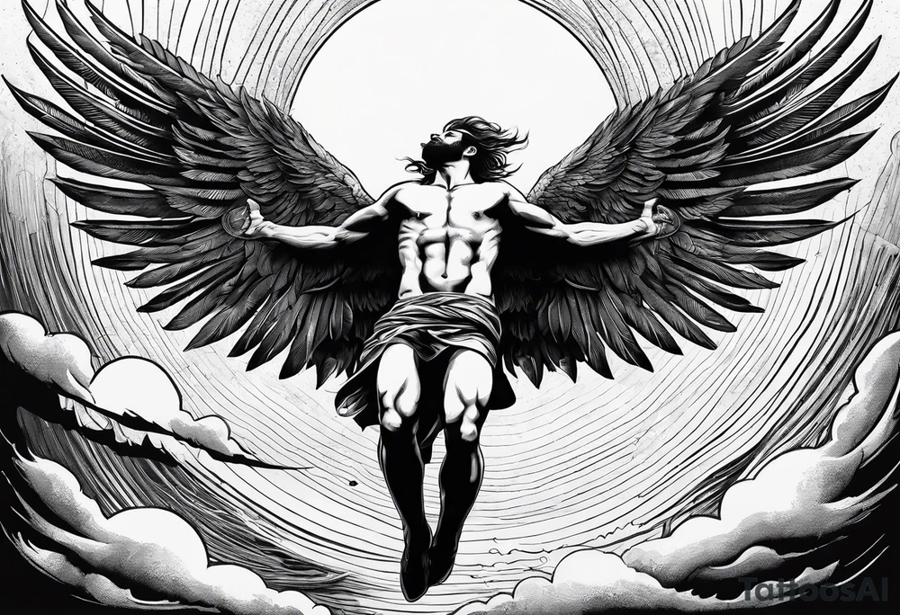 The man Icarus falling down from the sky with feathered wings with the sun up high tattoo idea