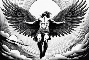 The man Icarus falling down from the sky with feathered wings with the sun up high tattoo idea