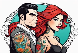 Busty Red haired woman with tall black haired man tattoo idea