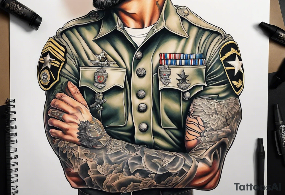 Chest tattoo that looks like my skin is being ripped off to reveal an Army uniform with my name tape saying "Hall" under it. tattoo idea