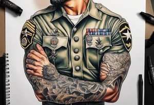 Chest tattoo that looks like my skin is being ripped off to reveal an Army uniform with my name tape saying "Hall" under it. tattoo idea