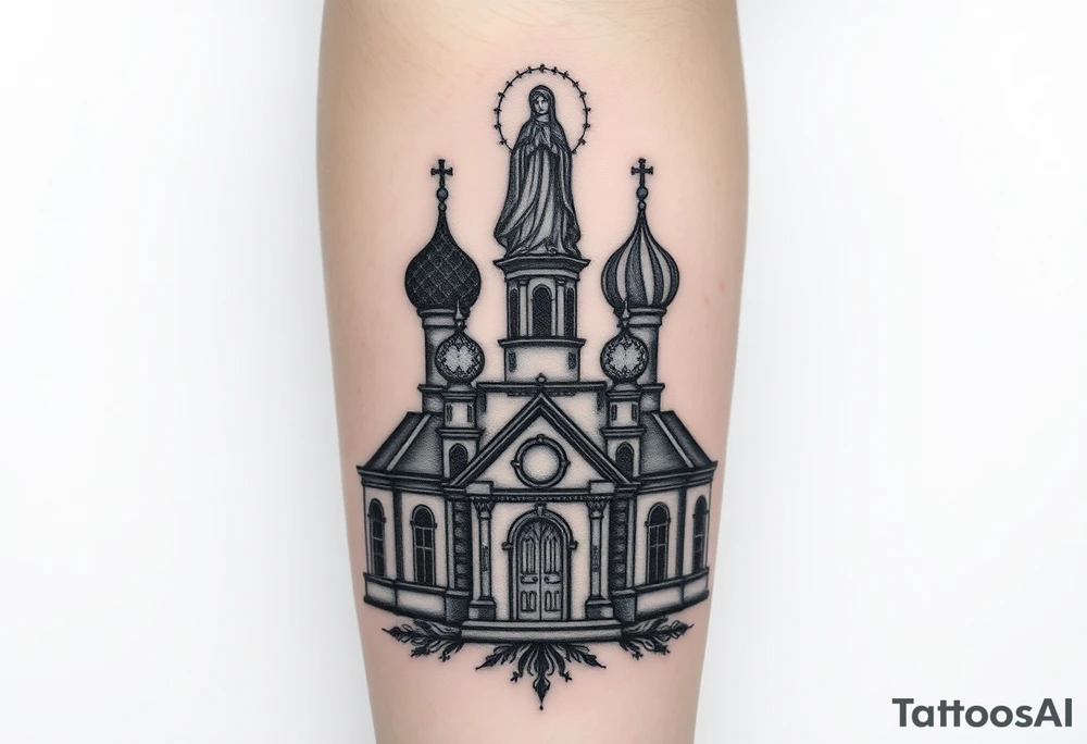 in a dorsal view a detailed medium sized country style orthodox church with onion domes and a band at the front with mist shrouding the top and fading into a virgin mary overlooking above at the top tattoo idea