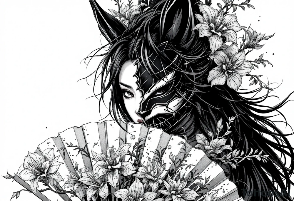 Samurai woman wearing an half and broken kitsune's mask on her hair and holding a fan with irises flowers tattoo idea