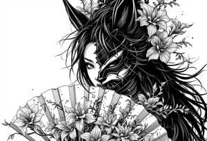 Samurai woman wearing an half and broken kitsune's mask on her hair and holding a fan with irises flowers tattoo idea