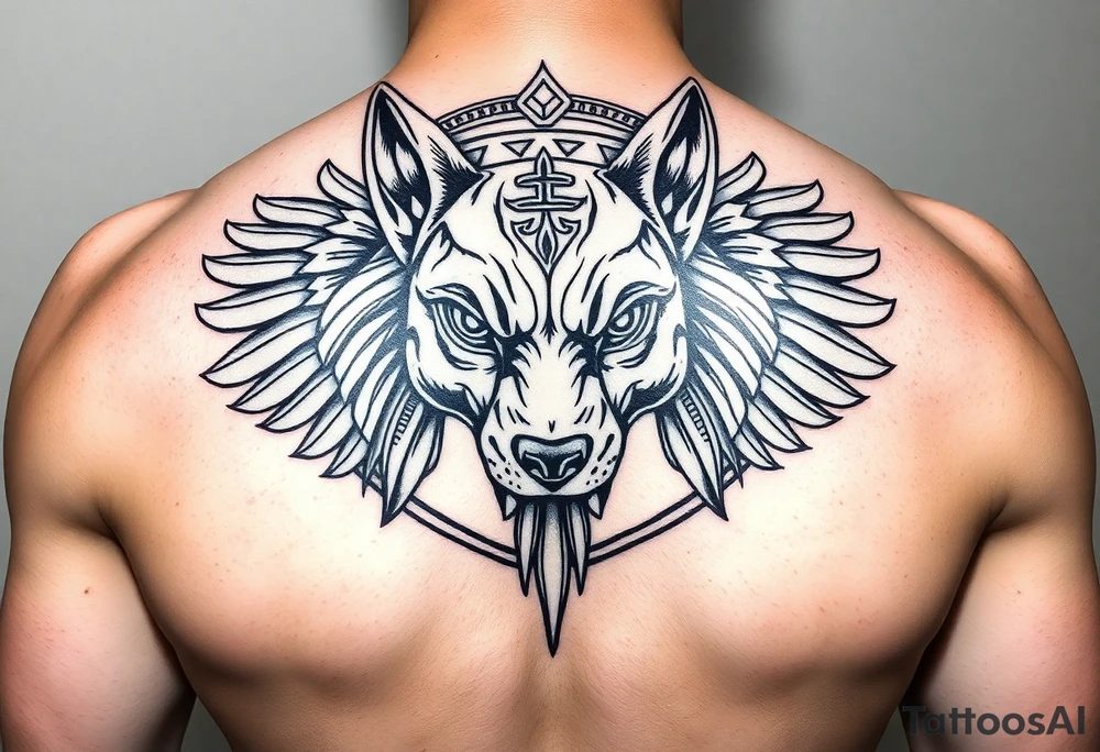 Egyptian Anubis god powerful face muscle in Egypt style dog face surrounded Egyptian symbols tattoo idea