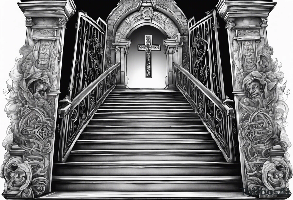 Christian tattoo forearm, stairs to heaven bottom has death and the top has the gates, behind the gates is the cross tattoo idea
