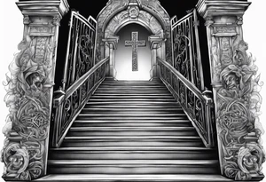 Christian tattoo forearm, stairs to heaven bottom has death and the top has the gates, behind the gates is the cross tattoo idea