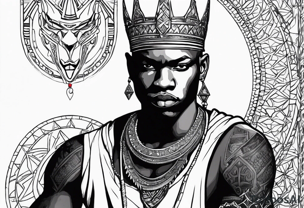 Black-skinned bald african warrior. He wears a simple and small silver crown. He uses two simple necklaces: one blue, other red. tattoo idea