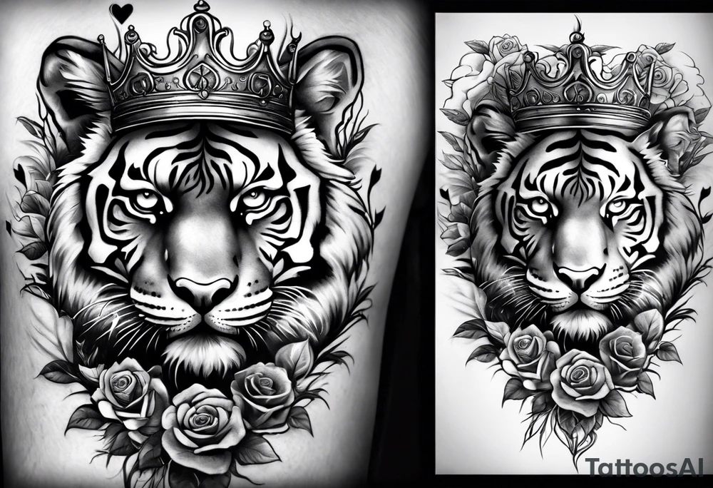 A full sleeve tiger with a crown and third eye with a hour glass instead the hour glass brain cover in in clouds and a heart cover in grass and roots with roses and smoke all over the arm tattoo idea
