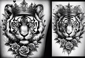A full sleeve tiger with a crown and third eye with a hour glass instead the hour glass brain cover in in clouds and a heart cover in grass and roots with roses and smoke all over the arm tattoo idea