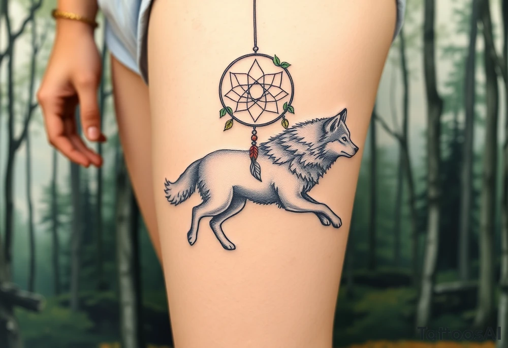 A wolf running through the woods, with dreamcatcher rings woven into the landscape. The wolf’s fur is shaded in shades of gray and white, while the dreamcatcher is adorned with green leaves and earthy brown tones tattoo idea