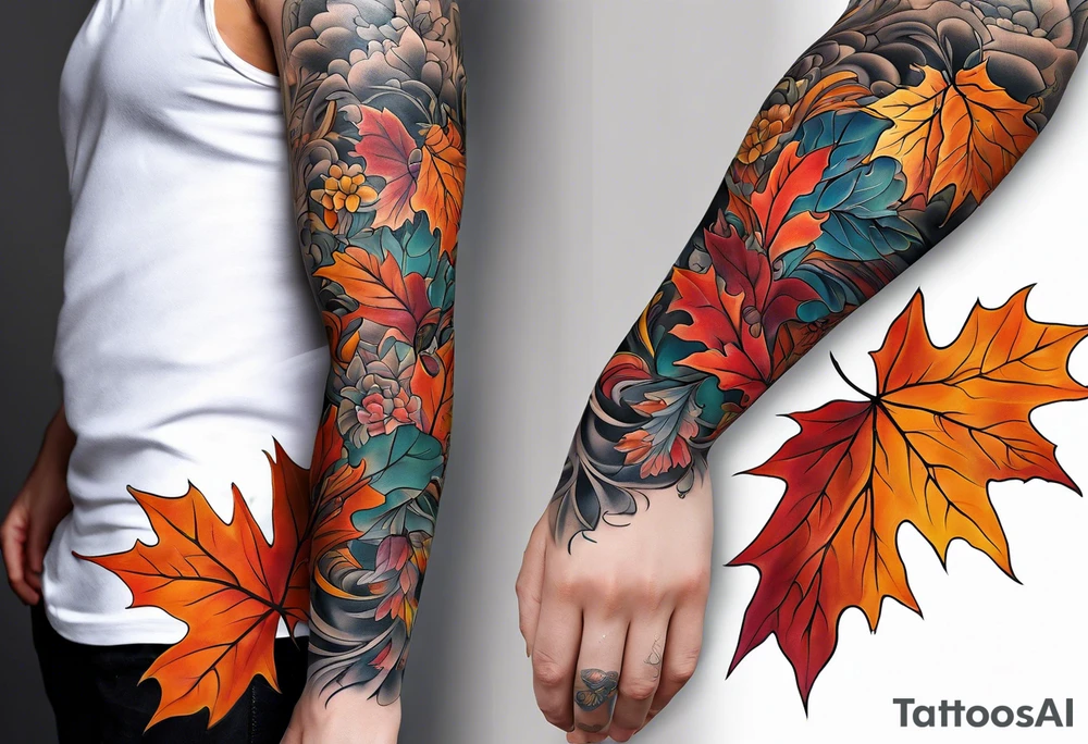 Arm Sleeve Tattoo with fall colors flat tattoo idea