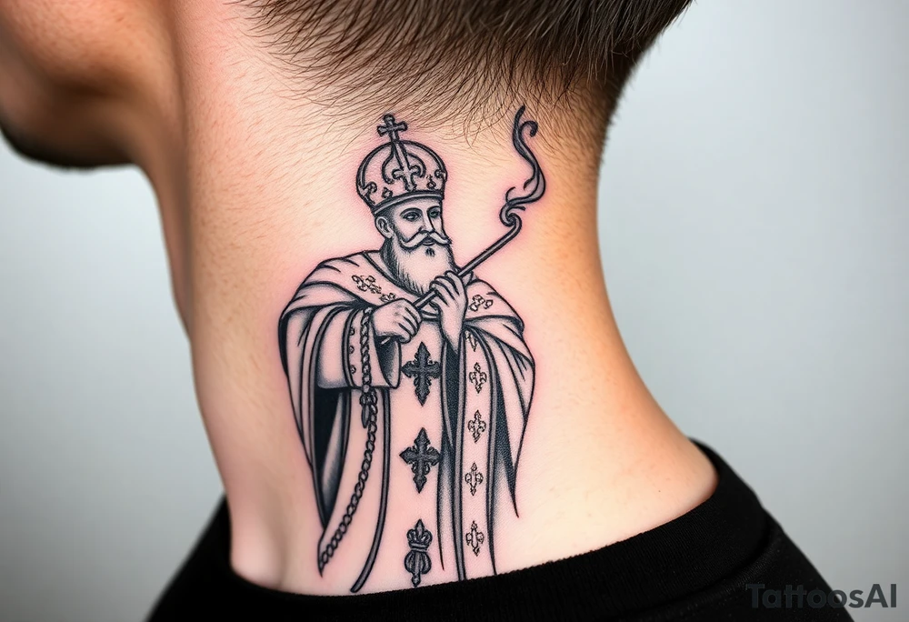 Russian Orthodox Priest in a fully detailed gold vestment swinging a censer with smoke curling upward tattoo idea