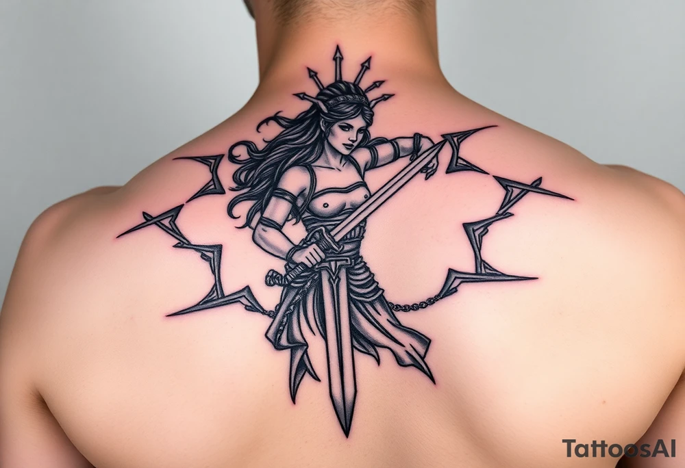 Greek goddess warrior with long dagger and realistic lighting bolts going around body Greek mythology style with dark shading tattoo idea