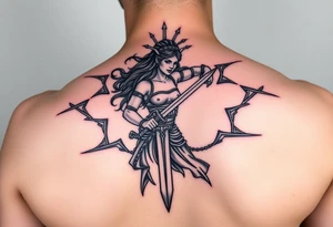 Greek goddess warrior with long dagger and realistic lighting bolts going around body Greek mythology style with dark shading tattoo idea