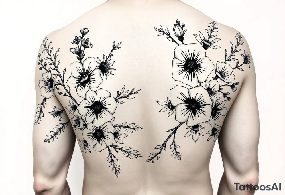 Full sleeve tattoo design of larkspur and hawthorn flowers, highly detailed line art, black ink, elegant botanical style, intertwined composition, no shading, no human mock-up, clean stencil style suitable for tattooing, fit fully within boundaries. LINE ART ONLY, REMOVE HUMAN, NO SKIN tattoo idea