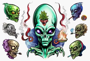 An alien  smoking a spliff tattoo idea
