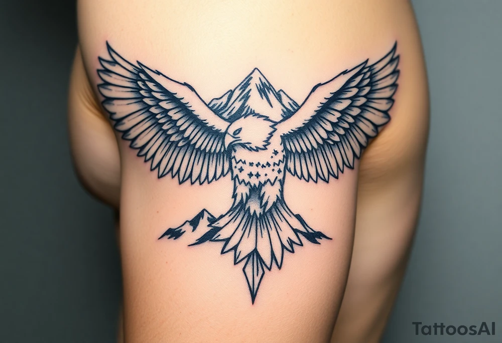 majestic eagle spreading wings against mountain peaks tattoo idea