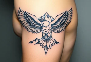 majestic eagle spreading wings against mountain peaks tattoo idea
