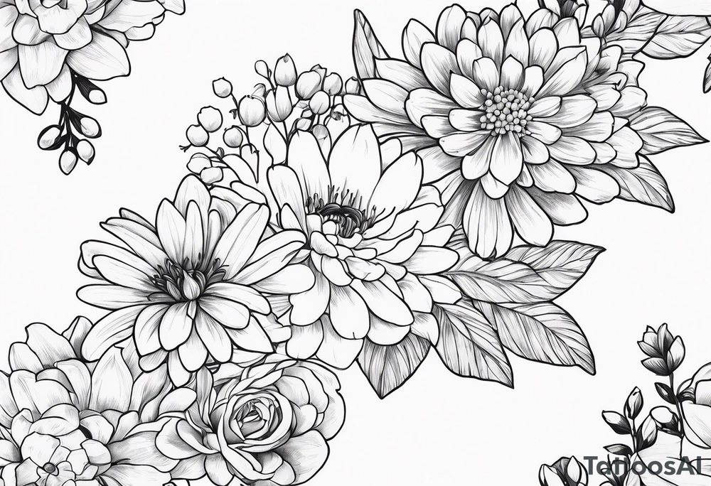 Asters, roses, lily of the valley, and chrysanthemums in a long line tattoo idea