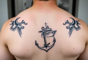 bold man with anchor and yacht
put on arm tattoo idea