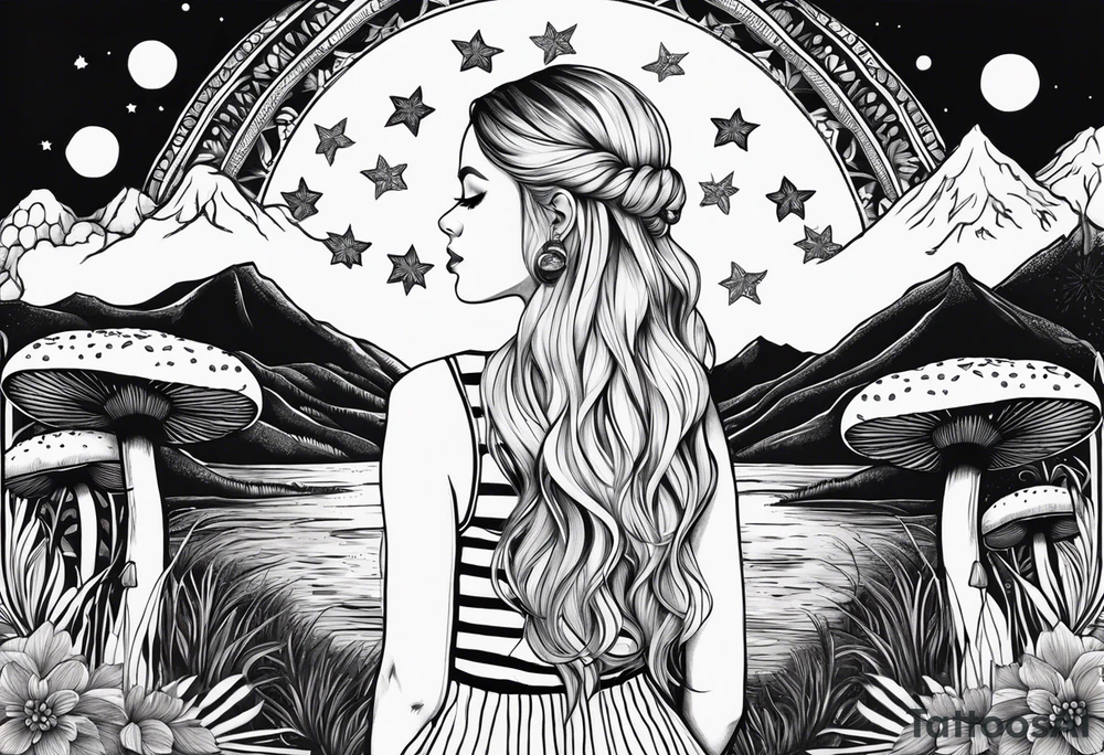 Straight blonde hair girl facing away toward mountains surrounded by mushrooms crescent moon mandala circular design black and white striped dress "8" in hair tattoo idea