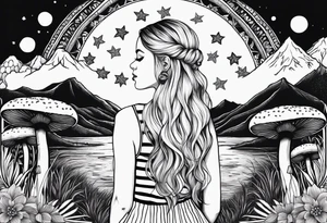 Straight blonde hair girl facing away toward mountains surrounded by mushrooms crescent moon mandala circular design black and white striped dress "8" in hair tattoo idea