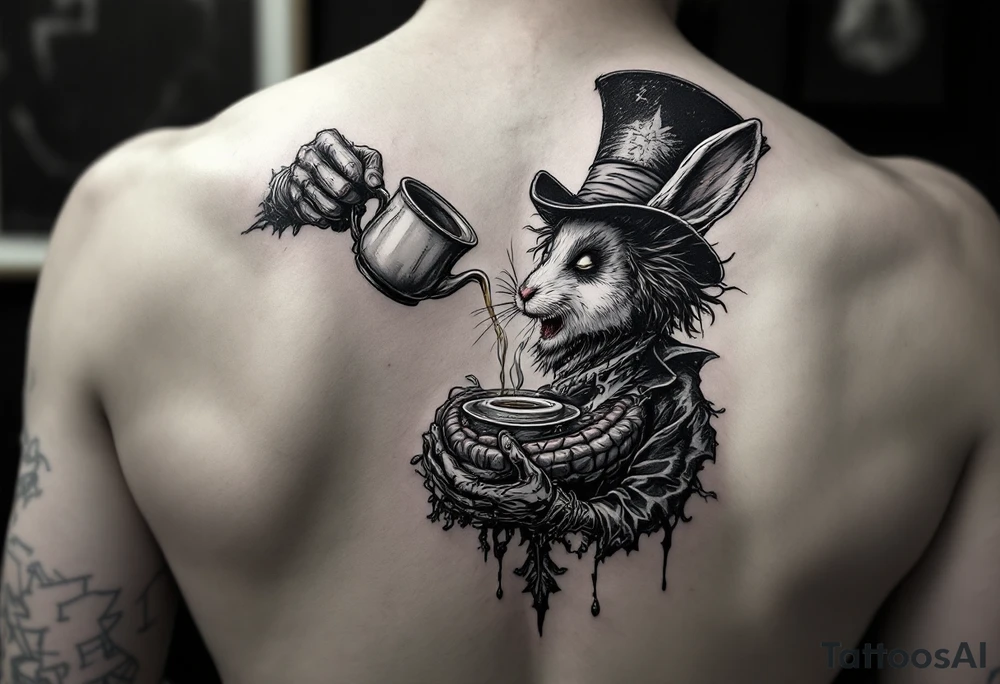 The mad hatter pouring a cup of 
tea into the white rabbits open brain tattoo idea