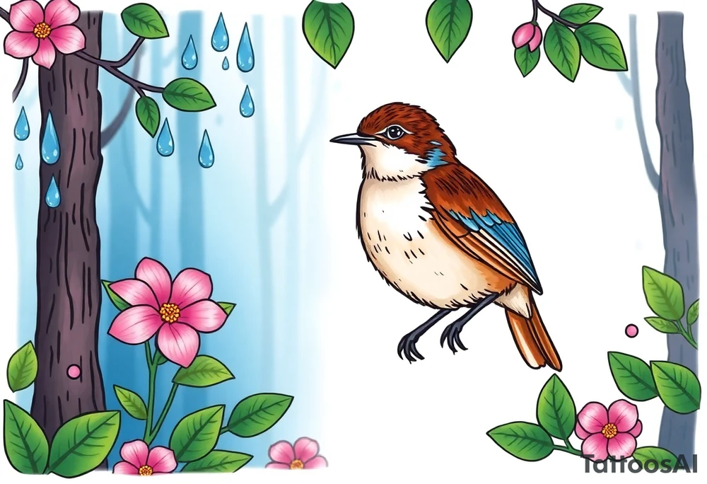 forest background
blue rain drops
pink camelia flower
blue and brown wren bird tattoo idea