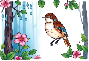 forest background
blue rain drops
pink camelia flower
blue and brown wren bird tattoo idea