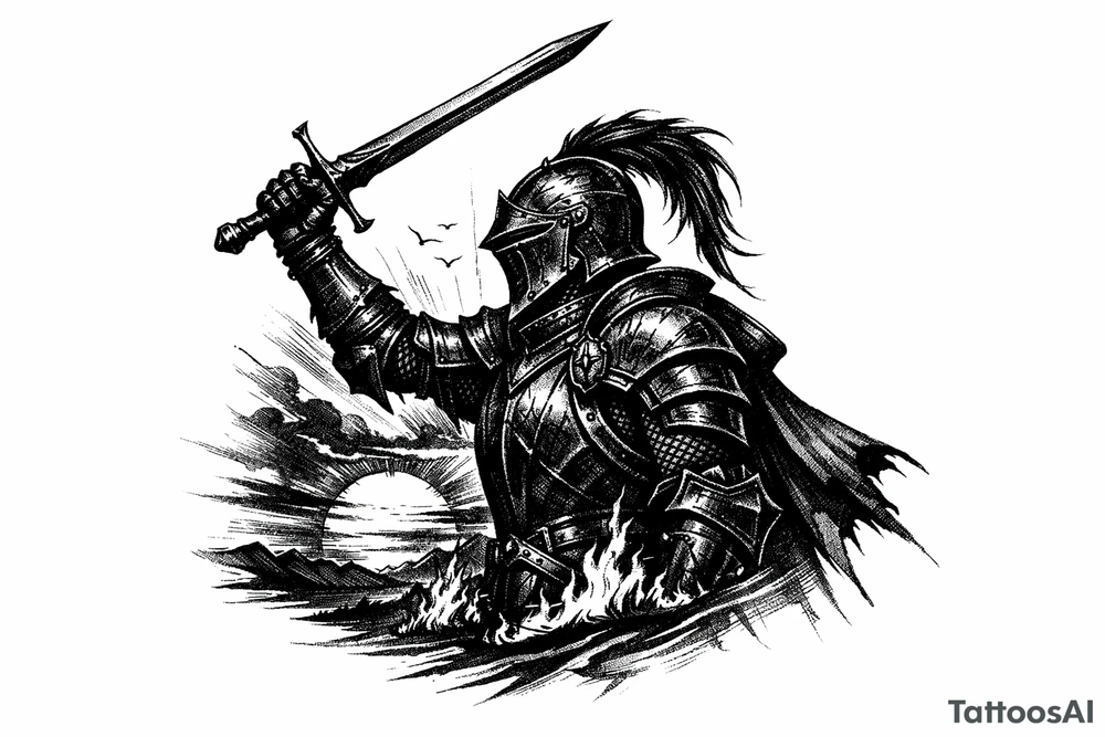 Silhouette of a knight in ornate armor, sword raised, against a fiery sunset. tattoo idea