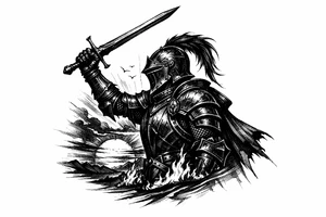 Silhouette of a knight in ornate armor, sword raised, against a fiery sunset. tattoo idea