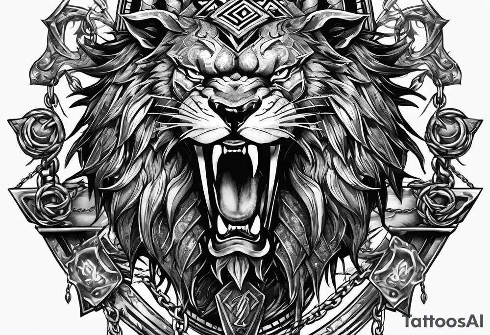 Valhalla sword shield dragon axe Valknut barbed wire chains lion tattoo idea