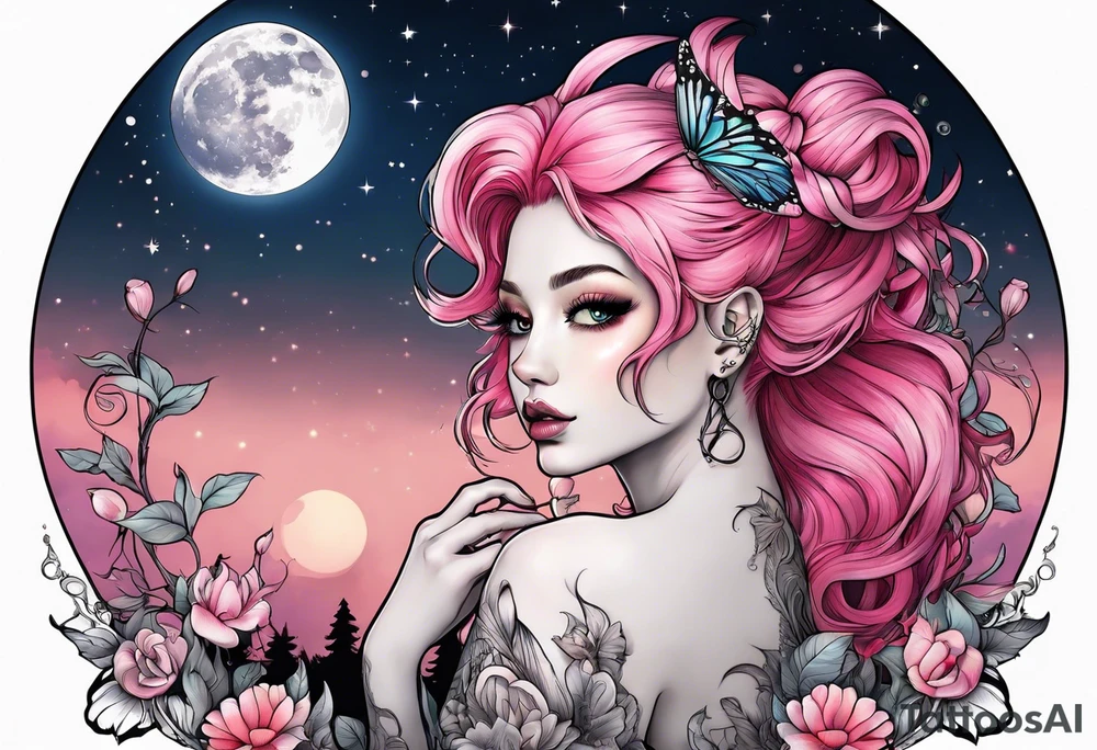fairy with pink hair, eating a mushroom under the moon tattoo idea